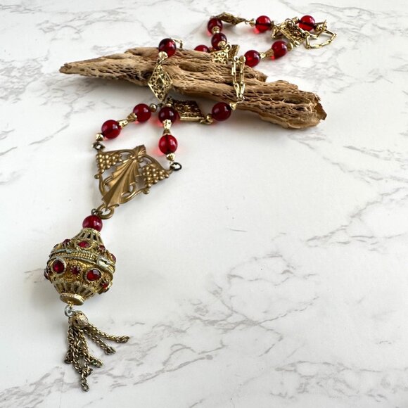 Vintage Red Glass Bead Necklace, Filigree Drop Pendant - Picture 2 of 12